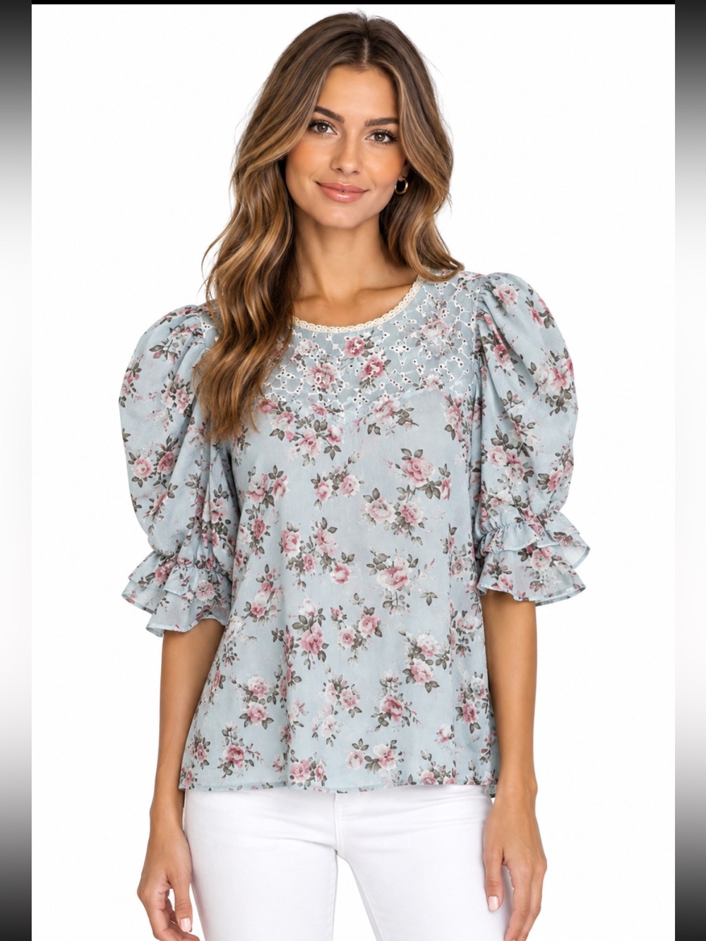 Umgee Floral Sheer Lace Puff Sleeve Top Blouse Medium